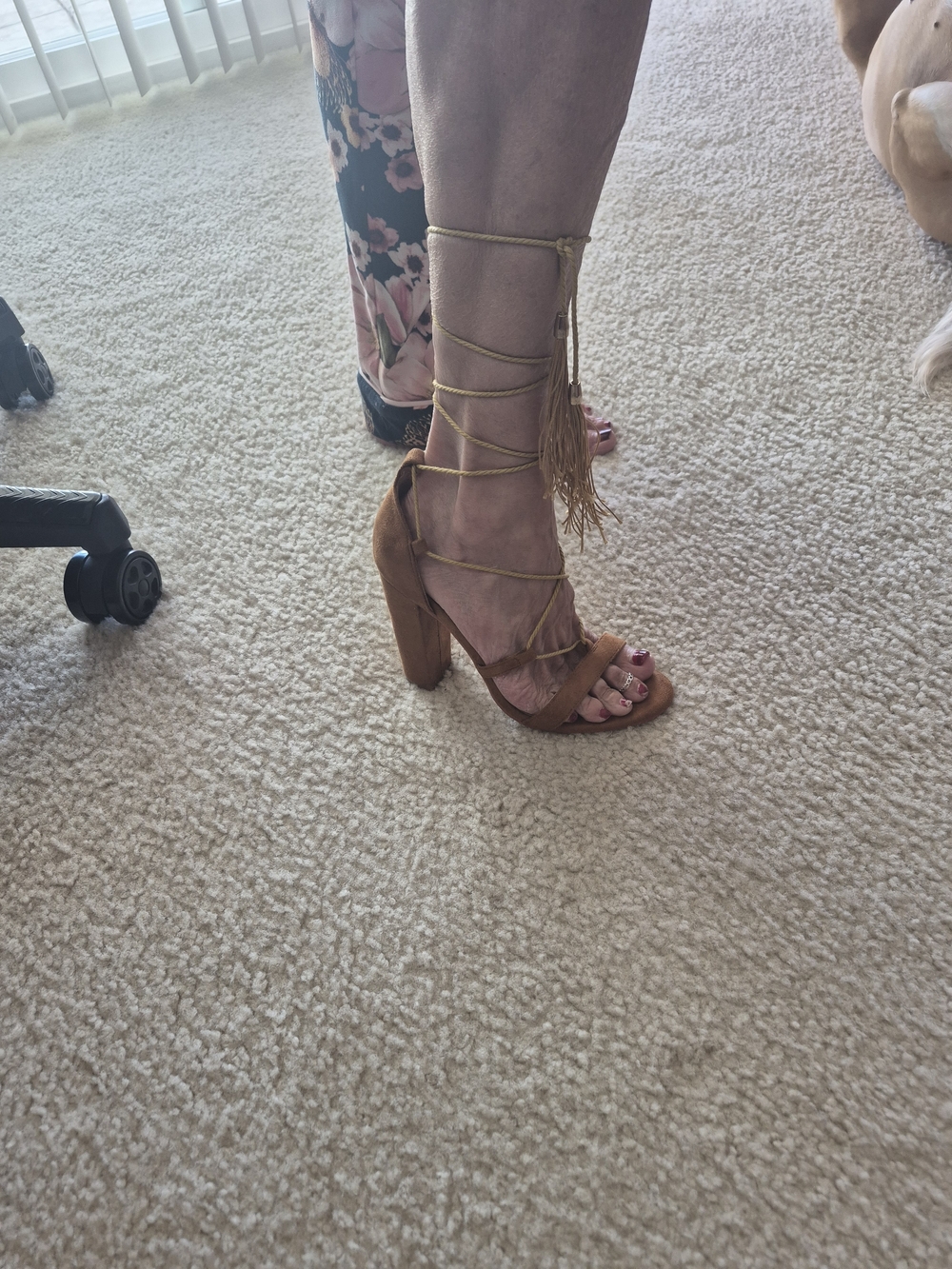 Allegra K Tan Lace-Up Block Heel Sandals with Tassel Ankle Ties